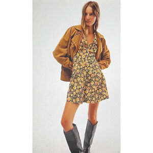 Free People Floral Corduroy Dress Size 6 Marvelous Mia Mini Dress Yellow Green